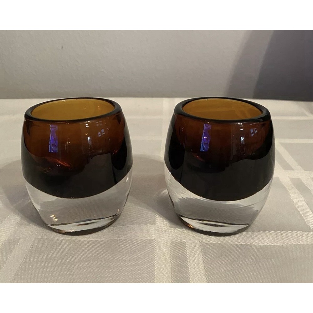 Crate and Barrel Amber Topaz Glass Diva Votive‎ Candle Holder-Poland Set 2